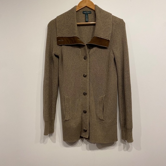 Ralph Lauren Jeans Co. Green Cotton Knit Collared Dark Academia Cardigan Small - Picture 1 of 5